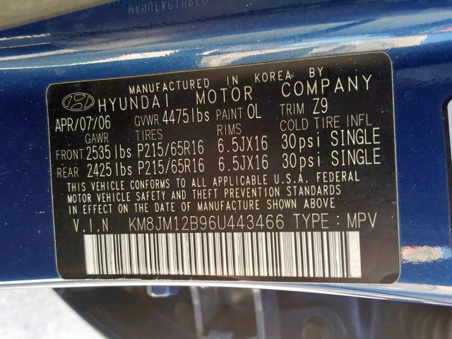 KM8JM12B96U443466 - 2006 HYUNDAI TUCSON GL BLUE photo 10