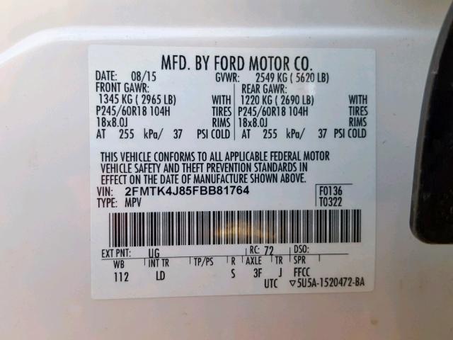 2FMTK4J85FBB81764 - 2015 FORD EDGE SEL WHITE photo 10