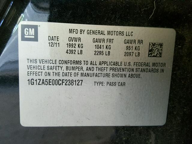 1G1ZA5E00CF238127 - 2012 CHEVROLET MALIBU LS შავი ფოტო 10