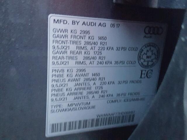 WA1WAAF77HD059157 - 2017 AUDI Q7 TECHNIK GRAY photo 10