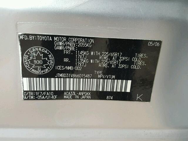 JTMBD31V866015487 - 2006 TOYOTA RAV4 LIMIT SILVER photo 10