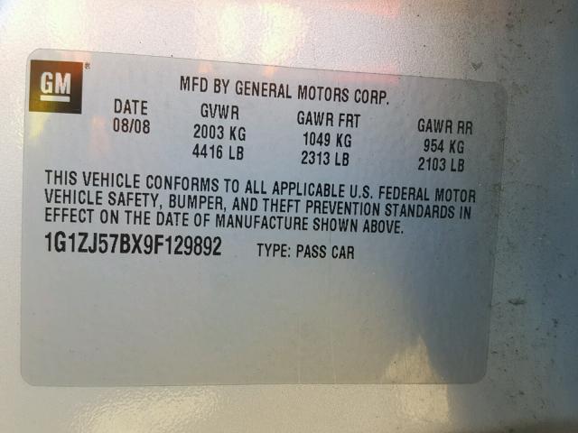 1G1ZJ57BX9F129892 - 2009 CHEVROLET MALIBU 2LT SILVER photo 10