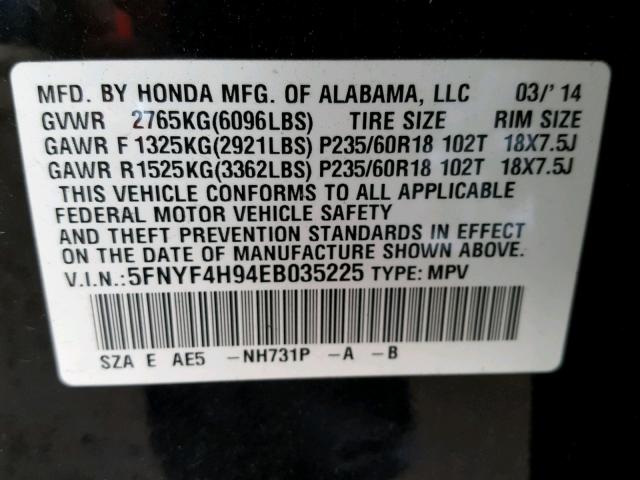 5FNYF4H94EB035225 - 2014 HONDA PILOT TOUR BLACK photo 10