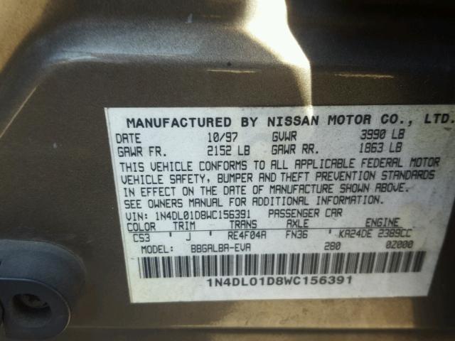 1N4DL01D8WC156391 - 1998 NISSAN ALTIMA XE CHARCOAL photo 10