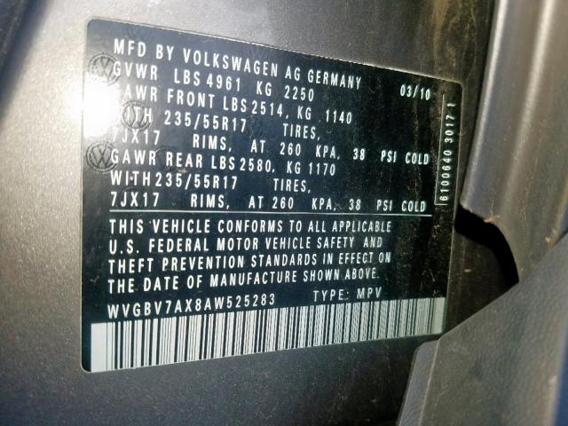 WVGBV7AX8AW525283 - 2010 VOLKSWAGEN TIGUAN SE SILVER photo 10