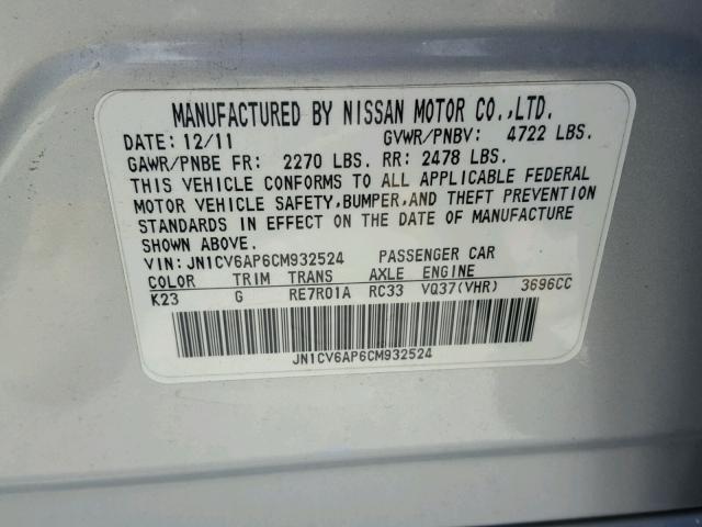 JN1CV6AP6CM932524 - 2012 INFINITI G37 BASE SILVER photo 10