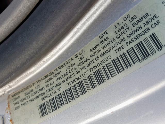 3VWEW31C77M509523 - 2007 VOLKSWAGEN NEW BEETLE ვერცხლისფერი ფოტო 10