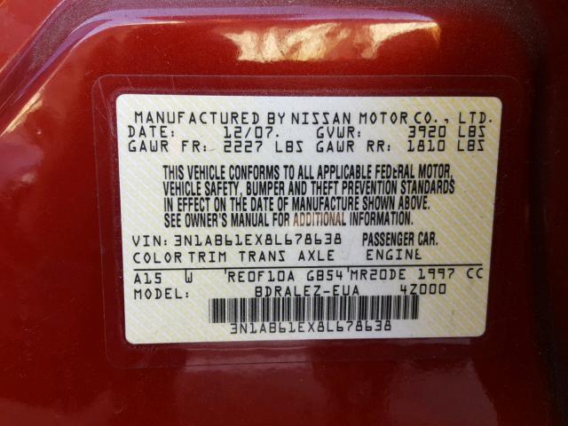 3N1AB61EX8L678638 - 2008 NISSAN SENTRA 2.0 RED photo 10