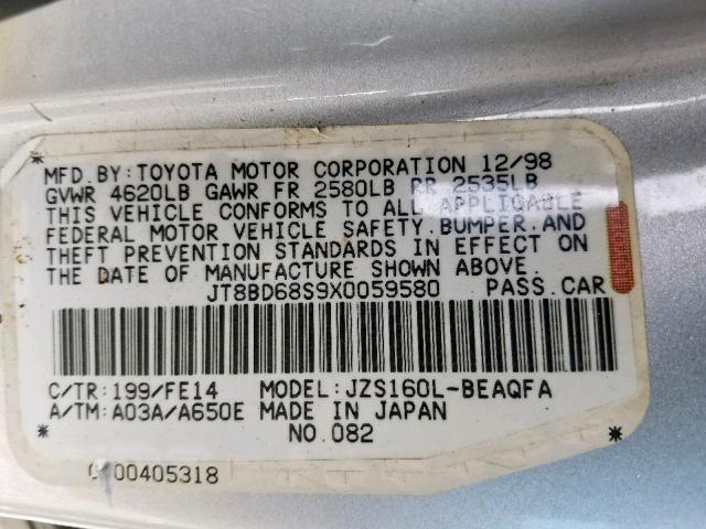 JT8BD68S9X0059580 - 1999 LEXUS GS 300 SILVER photo 10