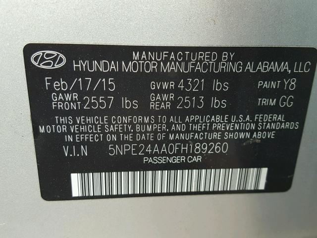 5NPE24AA0FH189260 - 2015 HYUNDAI SONATA ECO SILVER photo 10