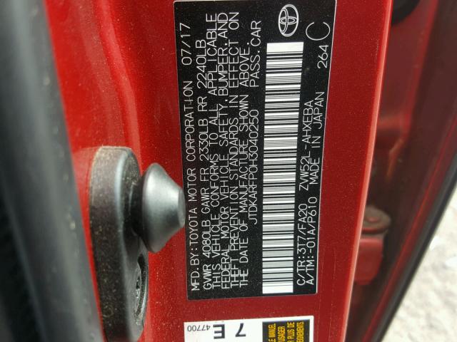 JTDKARFP0H3040250 - 2017 TOYOTA PRIUS PRIM 红色 照片 10