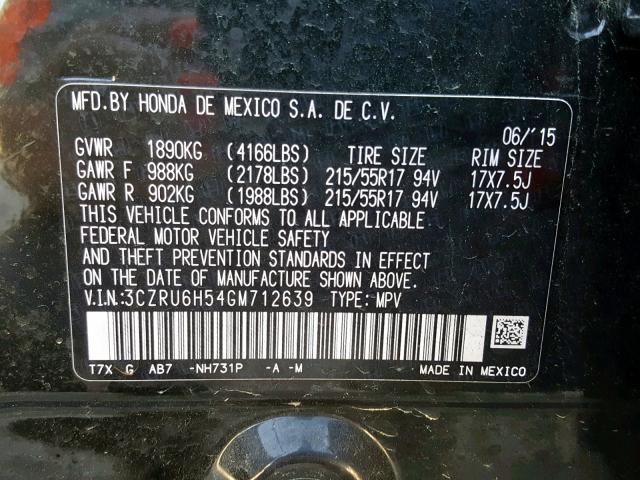 3CZRU6H54GM712639 - 2016 HONDA HR-V EX BLACK photo 10