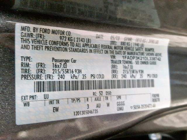 1FADP3K21DL338742 - 2013 FORD FOCUS SE GRAY photo 10