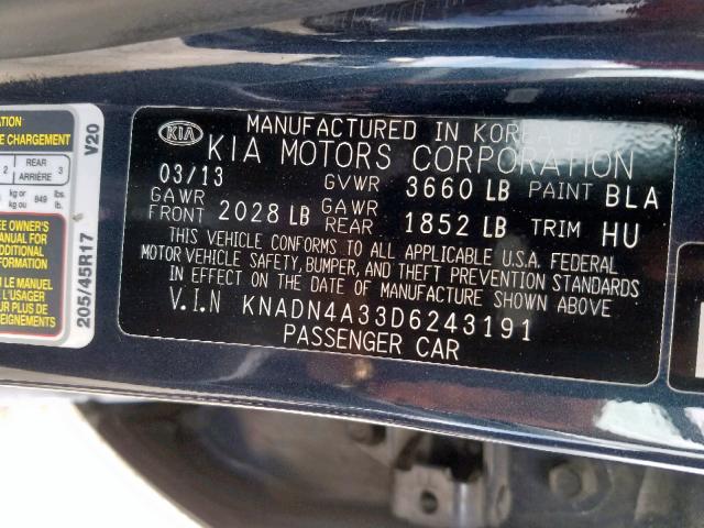 KNADN4A33D6243191 - 2013 KIA RIO EX BLUE photo 10