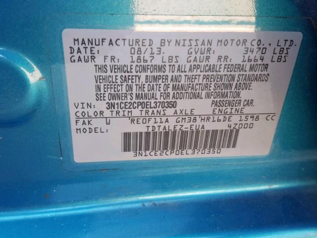 3N1CE2CP0EL370350 - 2014 NISSAN VERSA NOTE BLUE photo 10