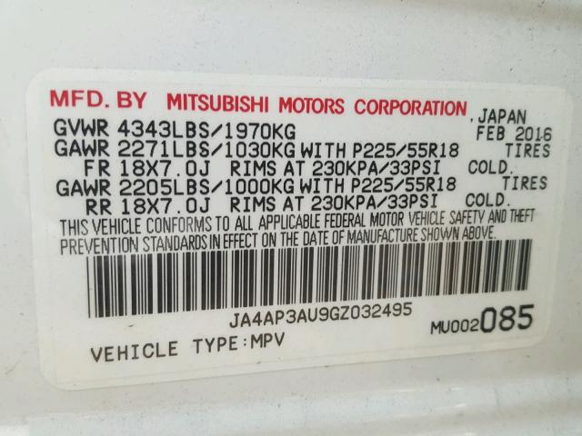 JA4AP3AU9GZ032495 - 2016 MITSUBISHI OUTLANDER WHITE photo 10