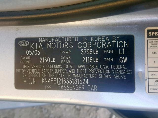 KNAFE121655181524 - 2005 KIA NEW SPECTR SILVER photo 10