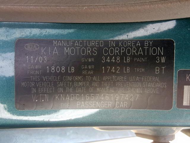 KNADC165746197427 - 2004 KIA RIO CINCO GREEN photo 10