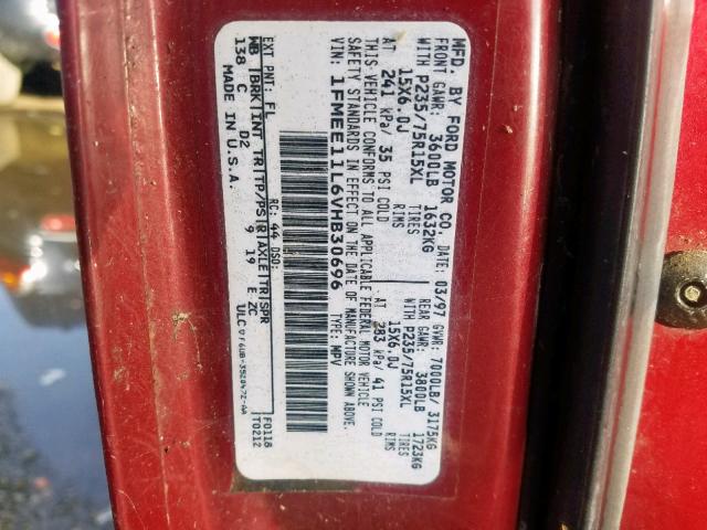 1FMEE11L6VHB30696 - 1997 FORD ECONOLINE RED photo 10