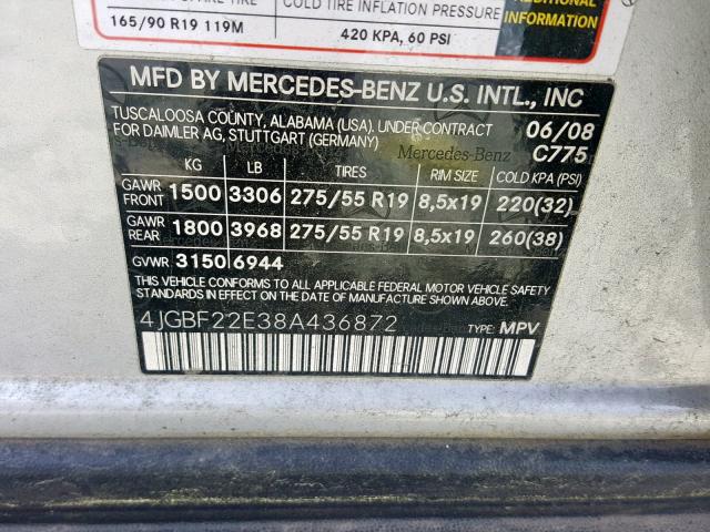 4JGBF22E38A436872 - 2008 MERCEDES-BENZ GL 320 CDI SILVER photo 10