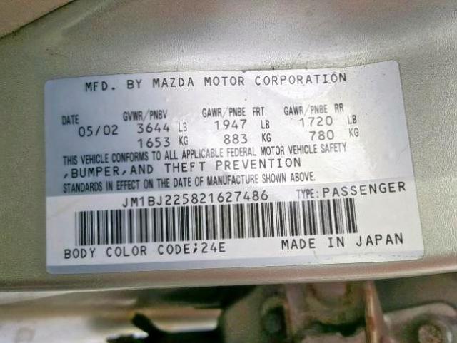 JM1BJ225821627486 - 2002 MAZDA PROTEGE DX GOLD photo 10