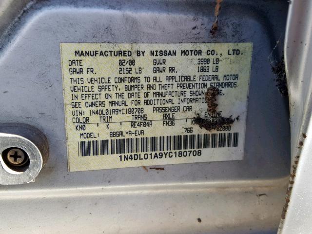 1N4DL01A9YC180708 - 2000 NISSAN ALTIMA XE SILVER photo 10