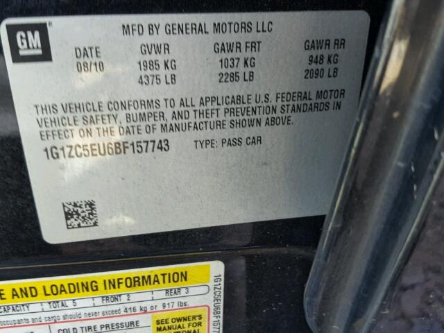 1G1ZC5EU6BF157743 - 2011 CHEVROLET MALIBU 1LT BLACK photo 10