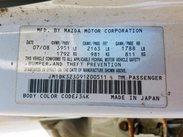 JM1BK323091200511 - 2009 MAZDA 3 S WHITE photo 10