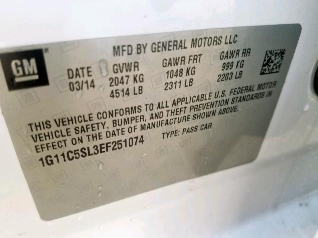 1G11C5SL3EF251074 - 2014 CHEVROLET MALIBU 1LT 白色 照片 10