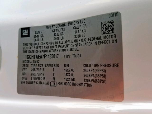 1GCHTAEA7F1195017 - 2015 CHEVROLET COLORADO WHITE photo 10