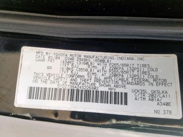 5TDZT38A24S226802 - 2004 TOYOTA SEQUOIA LI BLACK photo 10