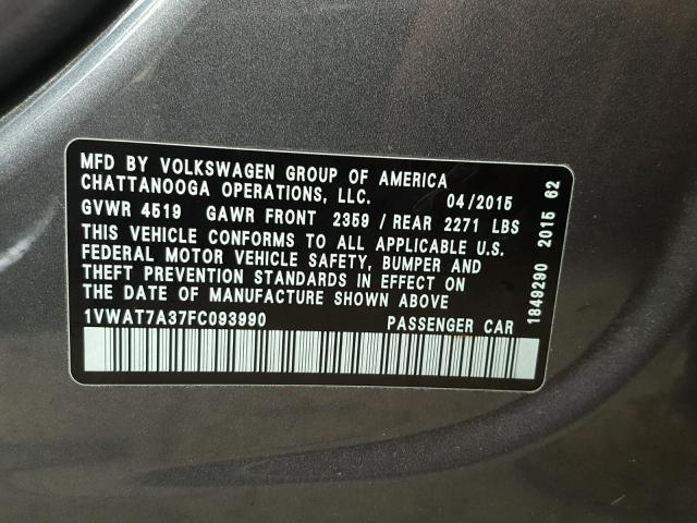 1VWAT7A37FC093990 - 2015 VOLKSWAGEN PASSAT S GRAY photo 10