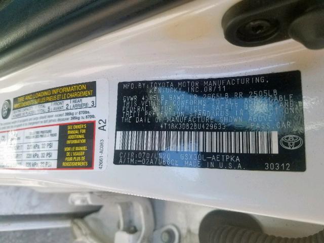 4T1BK3DB2BU429633 - 2011 TOYOTA AVALON BAS WHITE photo 10