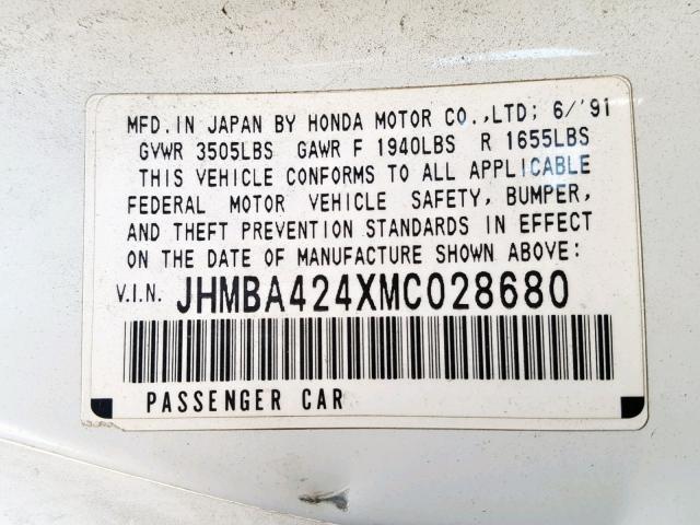 JHMBA424XMC028680 - 1991 HONDA PRELUDE SI WHITE photo 10