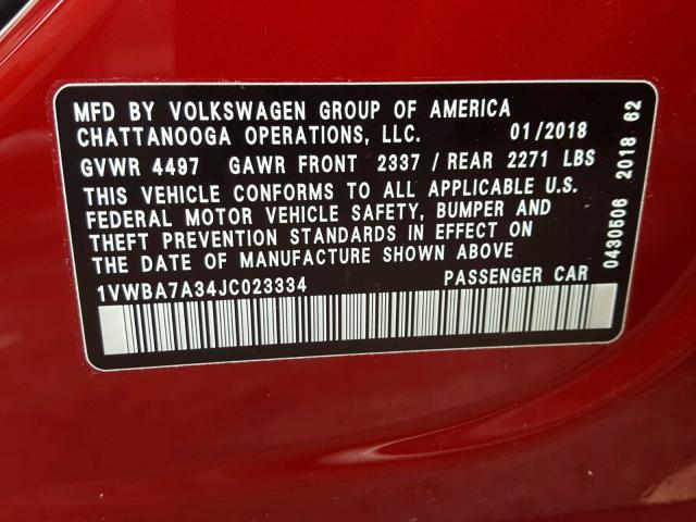 1VWBA7A34JC023334 - 2018 VOLKSWAGEN PASSAT SE RED photo 10