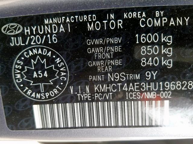 KMHCT4AE3HU196828 - 2017 HYUNDAI ACCENT SE GRAY photo 10