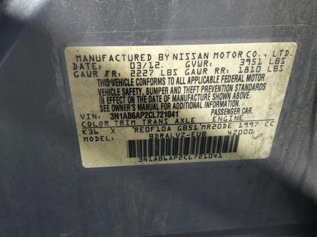 3N1AB6AP2CL721041 - 2012 NISSAN SENTRA 2.0 GRAY photo 10