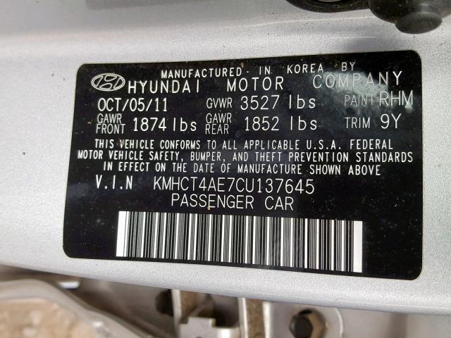 KMHCT4AE7CU137645 - 2012 HYUNDAI ACCENT GLS SILVER photo 10