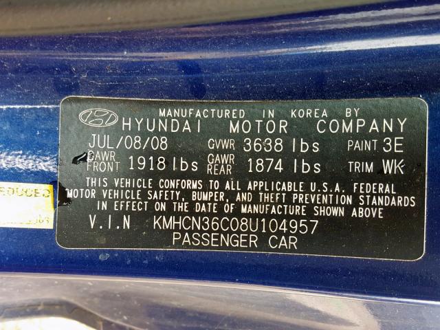 KMHCN36C08U104957 - 2008 HYUNDAI ACCENT SE BLUE photo 10