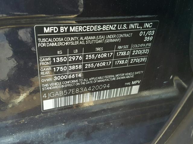 4JGAB57E83A420094 - 2003 MERCEDES-BENZ ML 350 BLUE photo 10