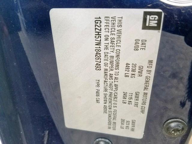 1G2ZH57N184267493 - 2008 PONTIAC G6 GT BLUE photo 10