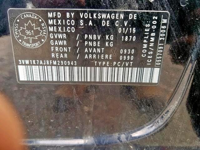 3VW1K7AJ8FM290943 - 2015 VOLKSWAGEN JETTA BASE 黑色 照片 9