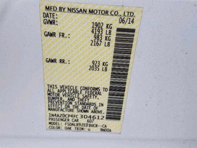 1N4AZ0CP4FC304612 - 2015 NISSAN LEAF S WHITE photo 10