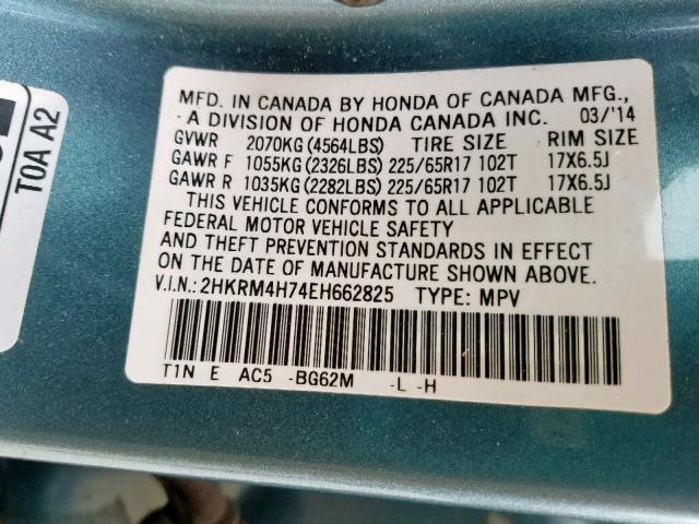 2HKRM4H74EH662825 - 2014 HONDA CR-V EXL BLUE photo 10