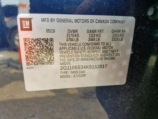 2G1105S34K9152017 - 2019 CHEVROLET IMPALA PRE BLUE photo 10