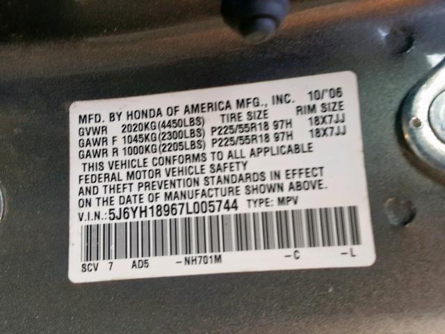 5J6YH18967L005744 - 2007 HONDA ELEMENT SC GRAY photo 10