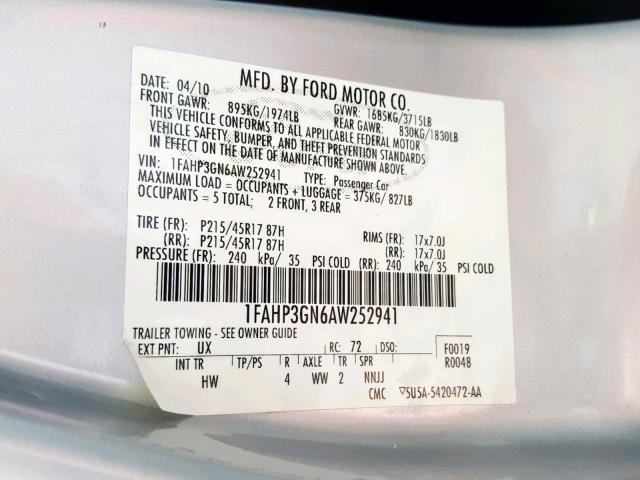 1FAHP3GN6AW252941 - 2010 FORD FOCUS SES SILVER photo 10