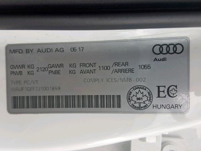 WAUF1GFF7J1001859 - 2018 AUDI S3 PRESTIG WHITE photo 10