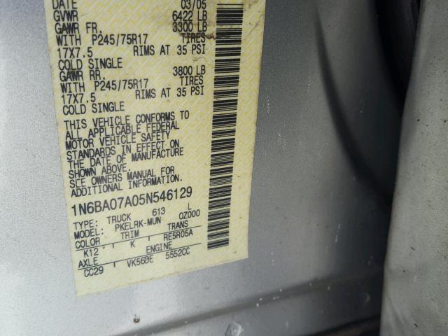 1N6BA07A05N546129 - 2005 NISSAN TITAN XE SILVER photo 10