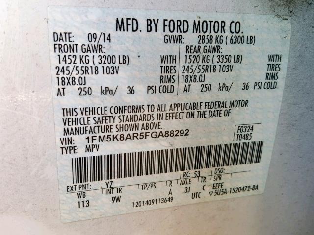 1FM5K8AR5FGA88292 - 2015 FORD EXPLORER P WHITE photo 10